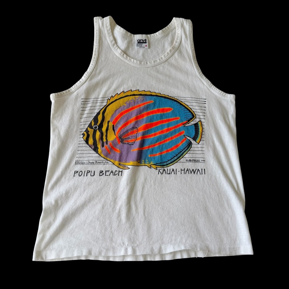Vintage 1988 Anvil Kauai Hawaii Poipu Beach Fish Tank Top White Small USA Made